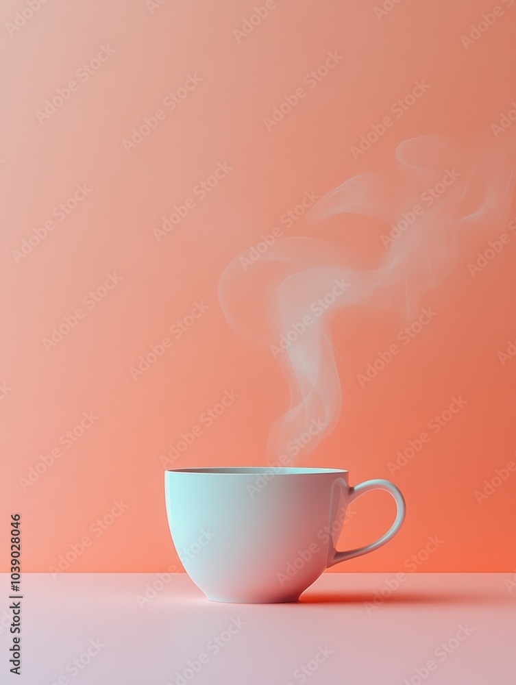 Poster a white tea cup emits gently swirling steam, resting on a smooth surface with a peach backdrop, crea