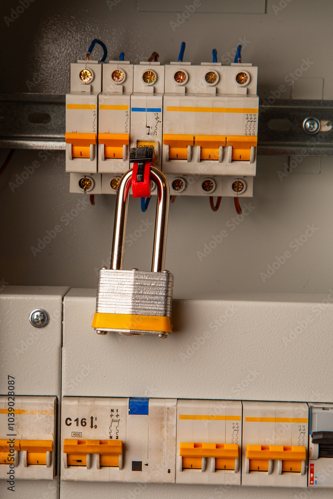 Poster electrical switch with lock to prevent unauthorized access. control panel for high voltage equipment