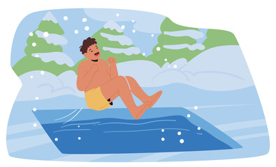 Cartoon Man Joyfully Jumping In Icy Waters During Winter With Snowy Landscape Background Showing Hardening