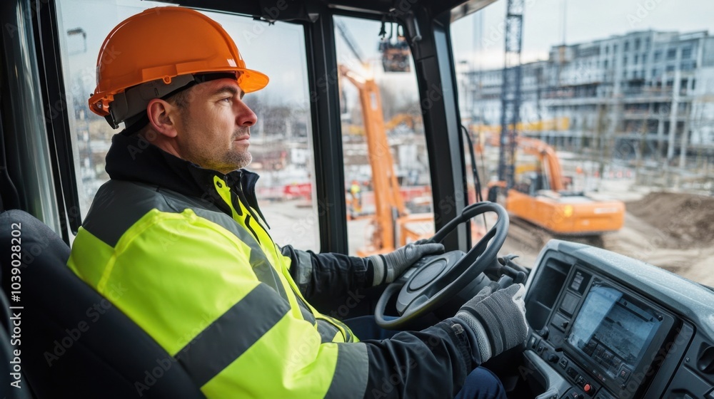 Poster a crane operator in a high-visibility jacket and hard hat, sitting in the crane cab, with a panorami
