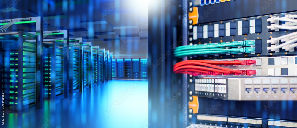 Poster server equipment. data center interior. fragment of server equipment with network wires. data center