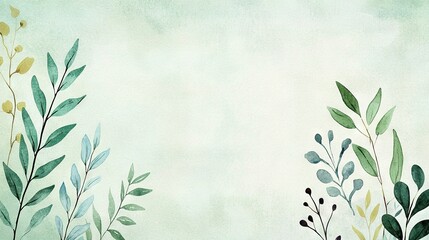   A painting featuring lush green foliage and branches against a soft green backdrop, framed by a serene light blue sky