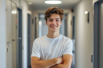 Fototapeta premium Confident student standing in hallway, expressing positivity and readiness for learning in modern educational setting