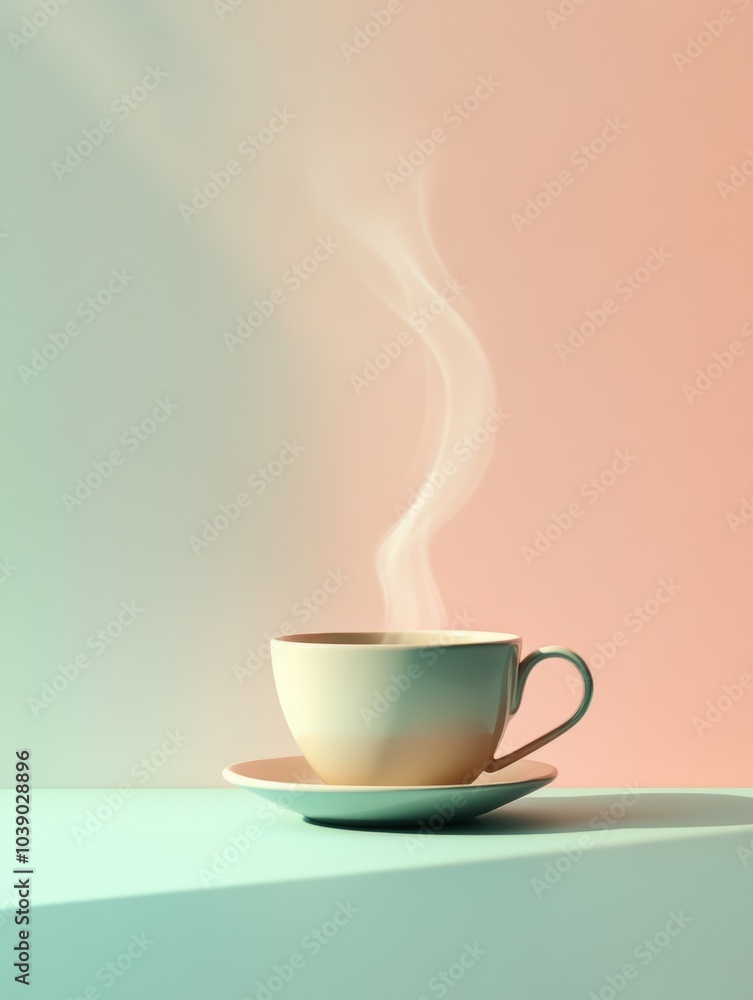 Poster A tea cup sits on a saucer, with gently curling steam rising, creating a calm and inviting atmosphere in soft pastel colors. Generative AI
