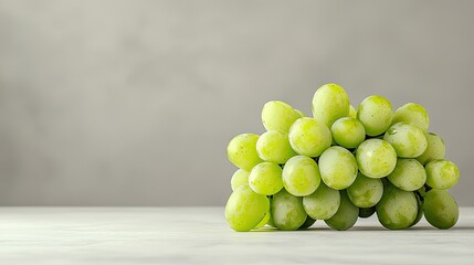 A cluster of fresh green grapes sits attractively on a light surface, against a soft neutral background, highlighting their juicy, vibrant appearance.