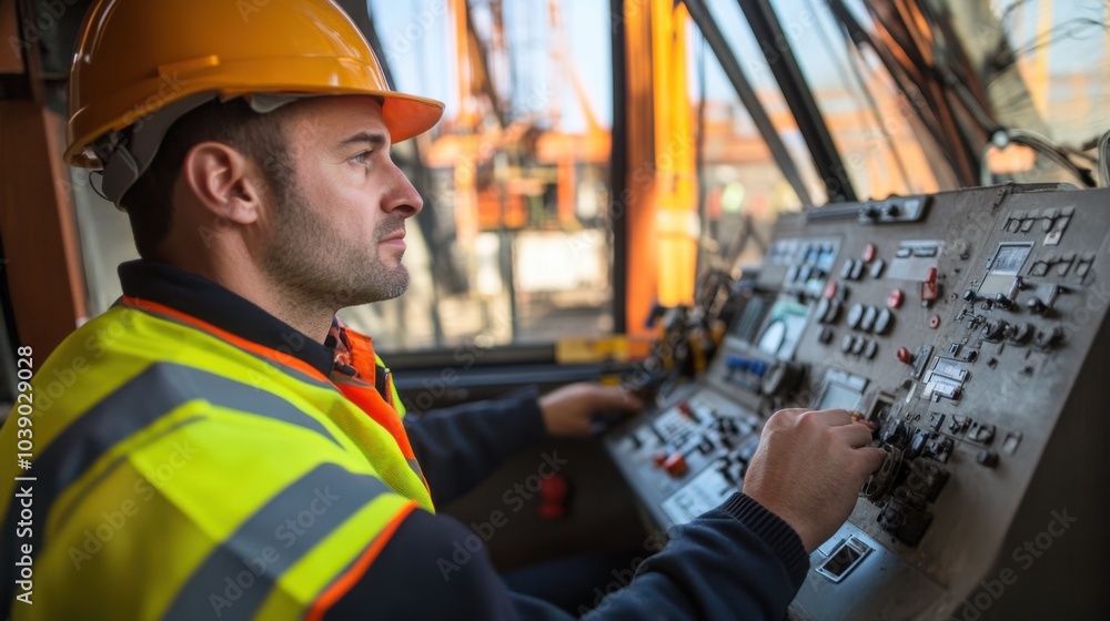 Poster a crane operator in a high-visibility vest and hard hat, looking through the crane鈥檚 window with vis