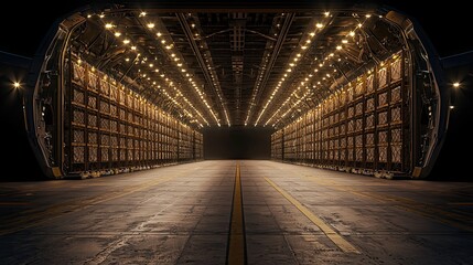 Fototapeta premium A spacious, well-lit hangar with rows of shelves, creating a dramatic perspective of depth and industrial design.