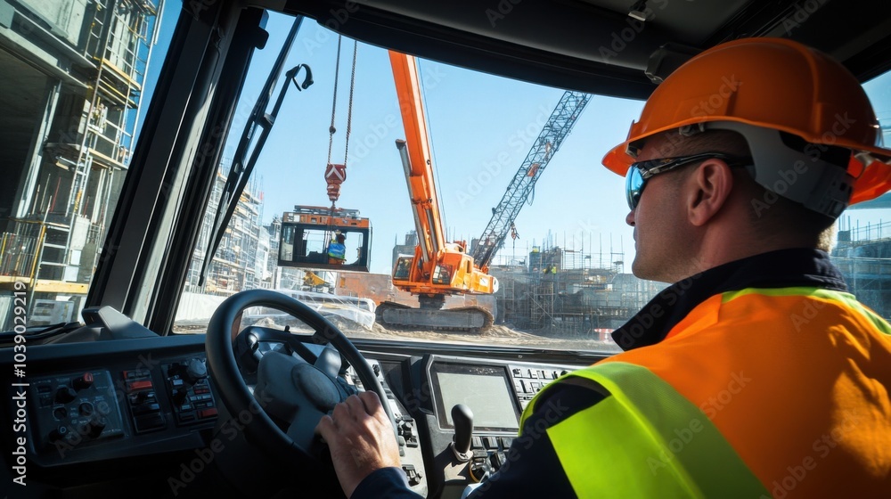 Poster a crane operator in a high-visibility vest and hard hat, operating the crane鈥檚 controls with visible