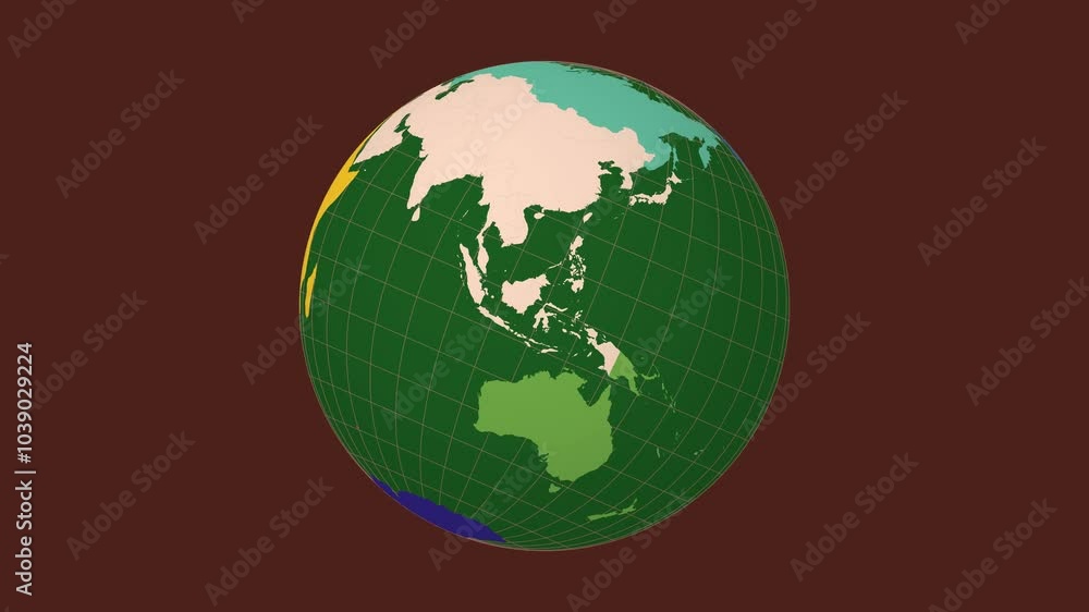 Poster rotating earth. tilted sphere view. fast speed earth rotation. colored continents style. world map w