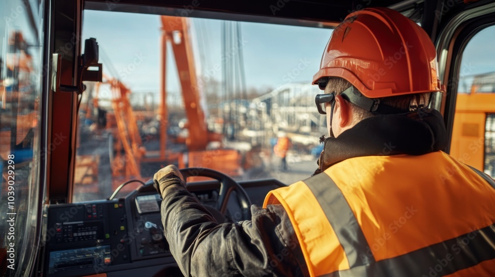 Poster a crane operator in a high-visibility vest and helmet, adjusting crane controls with a clear view of