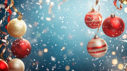 Festive Christmas Ornaments and Falling Snow on Teal Background