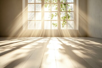 Sunlight streaming through a window, casting shadows on the wooden floor in a tranquil room