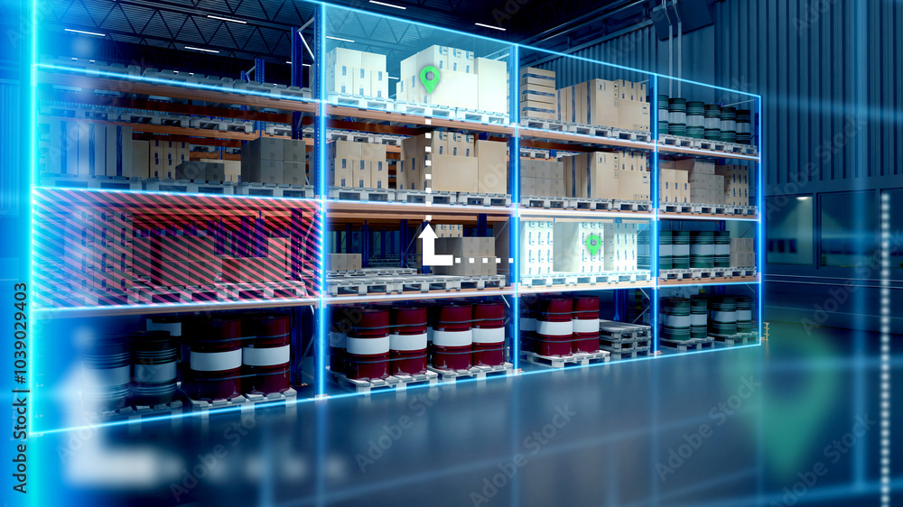 Poster innovation warehouse. storage technologies. warehouse with barrels and boxes on racks. machine visio