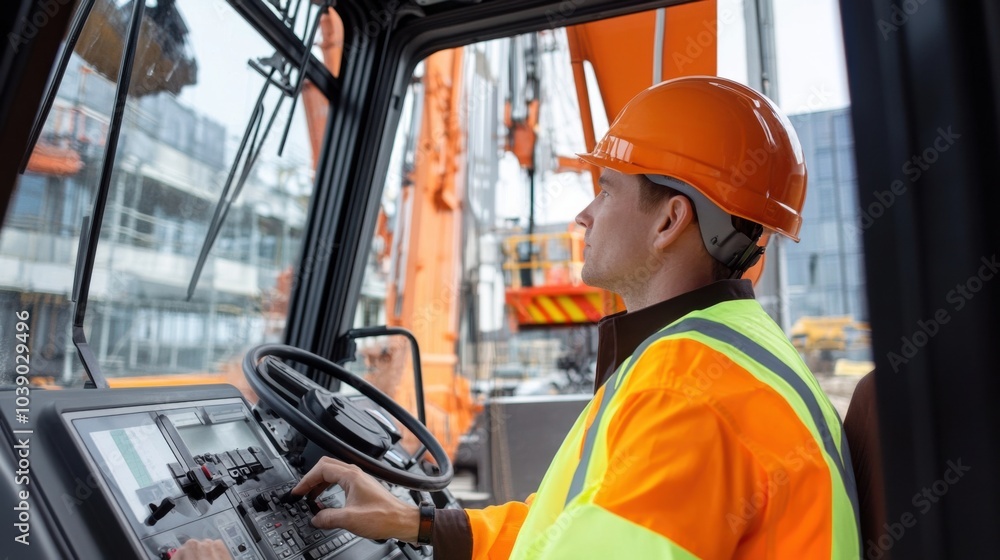 Poster A crane operator in a high-visibility vest and helmet, adjusting crane controls with a clear view of the construction site through the cab鈥檚 window, Construction site scene