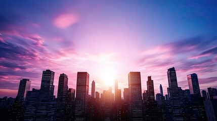 Fototapeta premium A vibrant skyline silhouette is illuminated by a stunning sunrise, featuring a mix of modern buildings against a colorful sky.