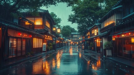 Fototapeta premium A beautiful japanese tokyo city town in the evening. houses at the street. anime comics artstyle. cozy lofi asian architecture. AI Generative