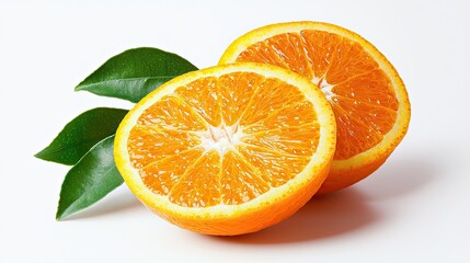 Fototapeta premium Freshly sliced orange halves with vibrant color and green leaves, showcasing a juicy and healthy snack option.