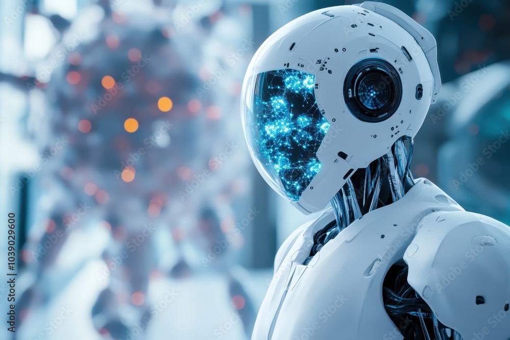 Poster futuristic robot with illuminated circuitry in a high-tech laboratory setting