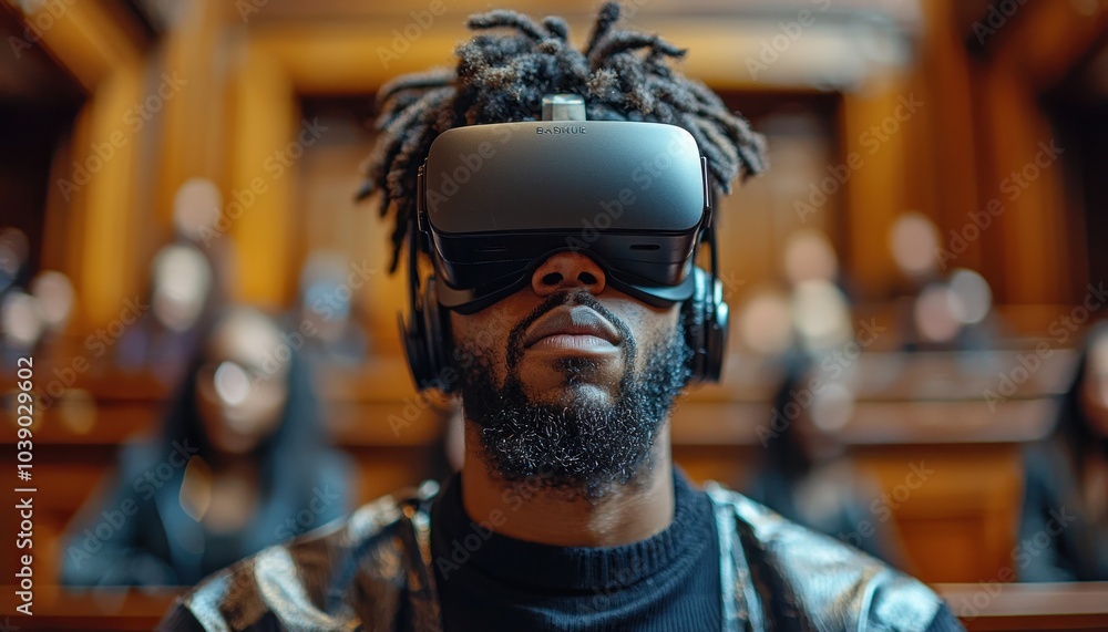 Aufkleber Man with Dreadlocks Wearing VR Headset in a Public Setting