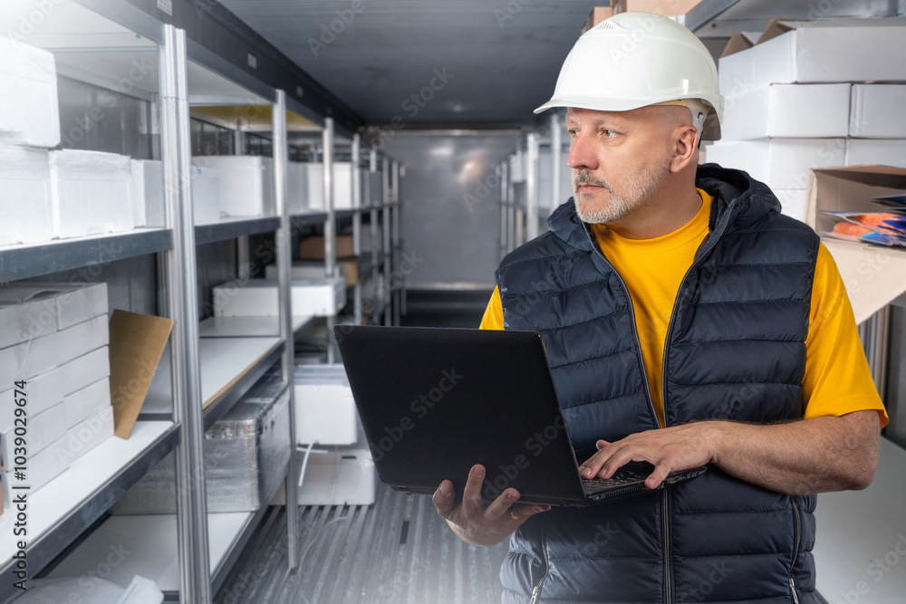 Poster man with laptop works in warehouse. storekeeper uses computer. worker and shelves in truck bed. man 
