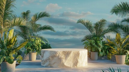Fototapeta premium Serene Luxury: Elegant Natural Stone Podium with Lush Greenery under Soft Evening Light