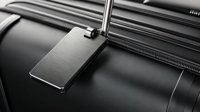 A close-up of a luggage tag attached to a black suitcase