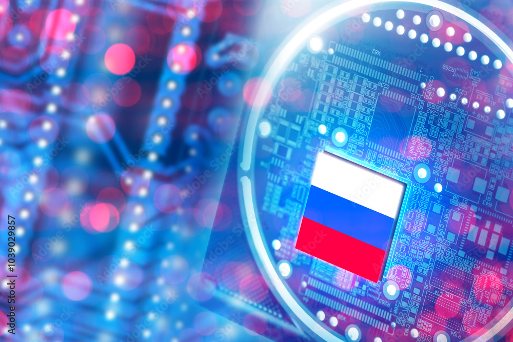 Poster microprocessor with russia flag. computer chip. pcb closeup. concept for microprocessor production i
