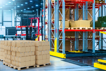 Warehouse interior. Storage retail company. Modern warehouse with multi-tiered racks. Storage area retail enterprise. Spacious warehouse inside hangar. Storehouse with parcels on pallets. 3d image