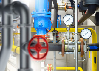 Industrial equipment. Boiler equipment pipes. Tangled gas pipeline. Pressure gauges for gas...