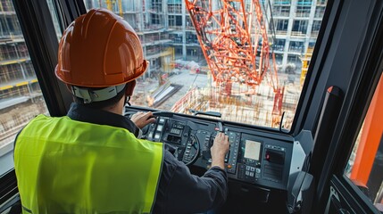 A crane operator in a high-visibility vest and helmet, adjusting crane controls with a detailed view of the construction site from inside the cab, Construction site scene