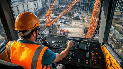 A crane operator in a high-visibility vest and helmet, adjusting crane controls with a detailed view of the construction site from the cab, Construction site scene