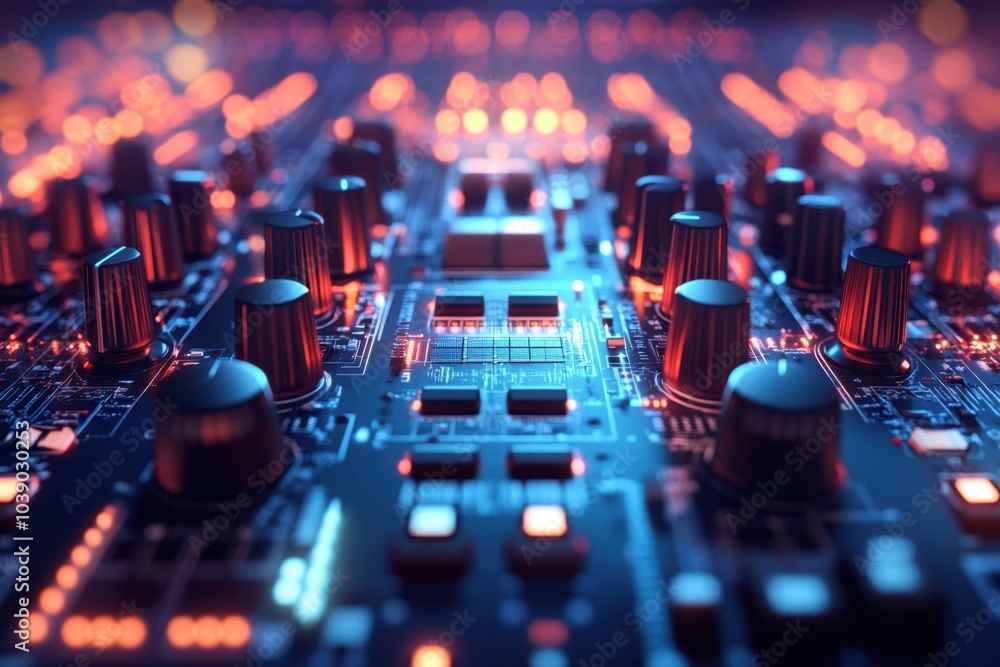 Poster close-up view of a circuit board with illuminated components in a dimly lit environment