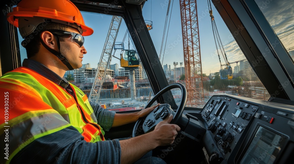 Aufkleber A crane operator in a high-visibility vest and helmet, adjusting crane controls with a panoramic view of the construction site visible from the cab, Construction site scene