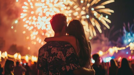 Obraz premium A young couple watching fireworks, holding each other happily