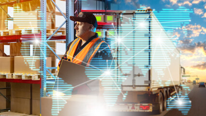 Man from international logistics company. Guy is standing in warehouse. Logistician near truck....