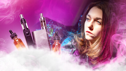 Woman vaper with electronic cigarettes. Portrait of girl using vape. Lady was thinking about choosing vaping device. Electronic cigarettes and oils in smoke. Woman vaper on pink background. Vape set