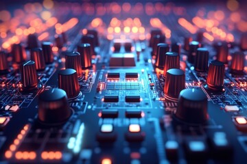 Close-up view of a circuit board with illuminated components in a dimly lit environment