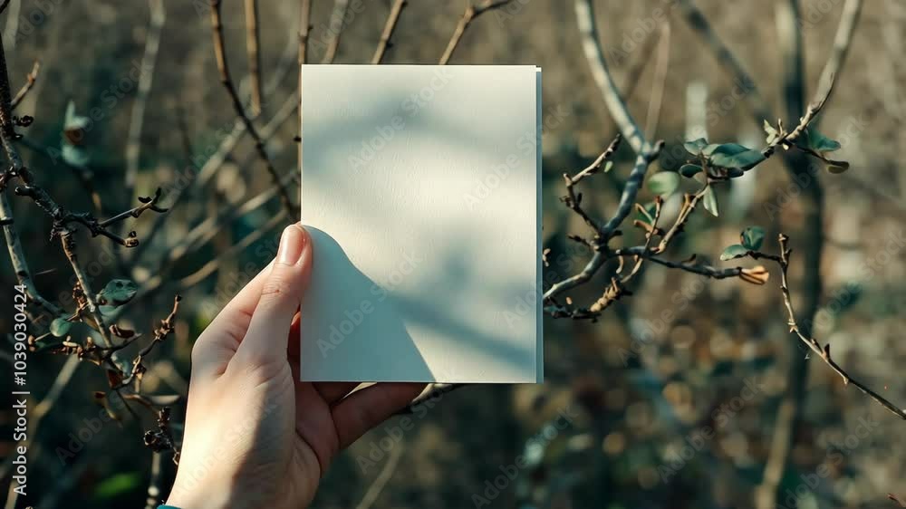 Poster a hand holds a blank card in front of a tree branch in a forest