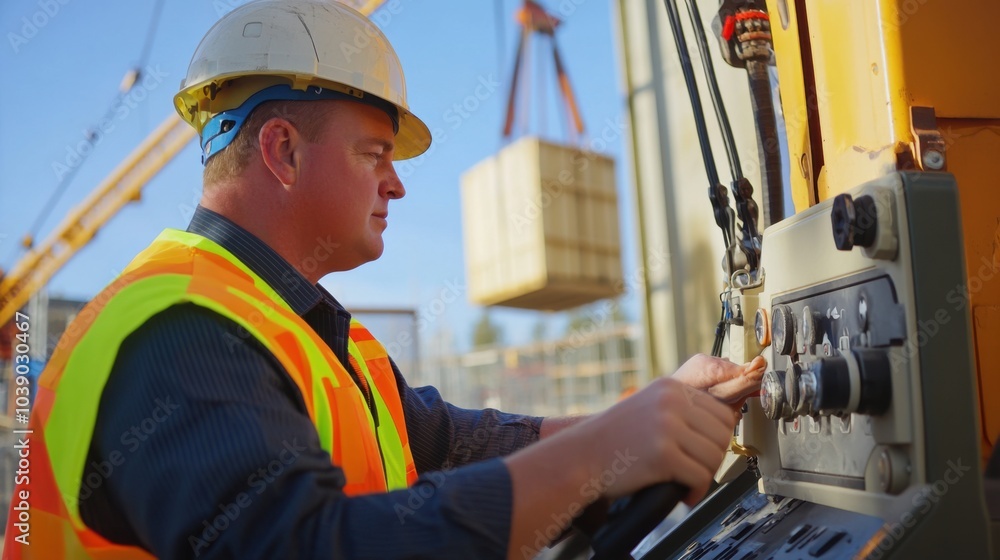 Poster a crane operator in a high-visibility vest and helmet, adjusting crane controls with a visible load 