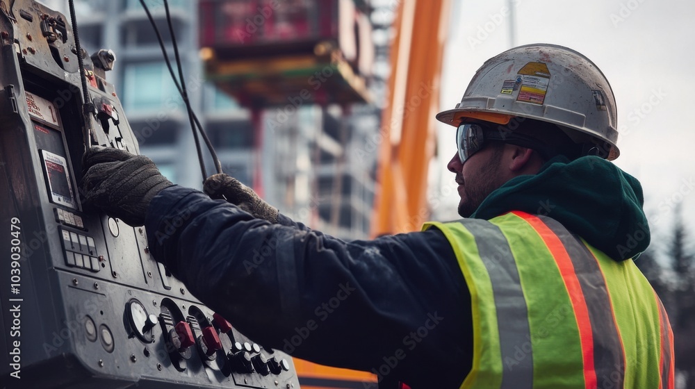 Poster a crane operator in a high-visibility vest and helmet, adjusting crane controls with a visible load 
