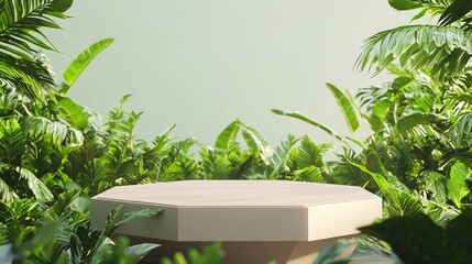 Modern Hexagonal Podium Luxury Mockup in Lush Green Outdoor Event Setting with Cinematic Lighting