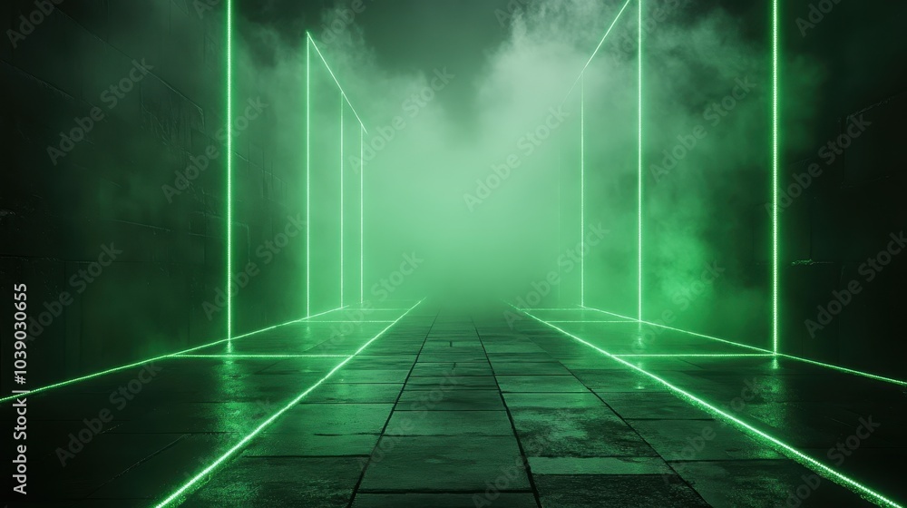 Poster bright green laser beams forming a grid pattern on a dark, foggy background, adding depth to the vis