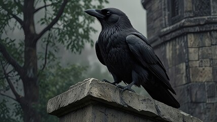 Fototapeta premium A solitary crow stands on a stone ledge gazing into the distance while surrounded by a misty forest and an ancient structure in the early morning light