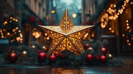 Beautiful star against a Christmas tree close-up	