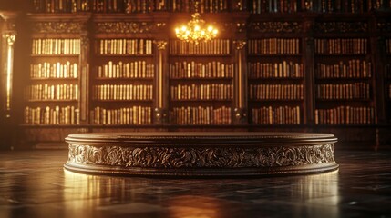 Elegant Vintage Library Setting with Ornate Dark Podium, Cinematic Lighting for Luxury Presentation Mockup
