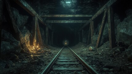 Naklejka premium Abandoned Mine Passage, a dimly lit underground tunnel with sparse lighting, rusted beams, rocks scattered on the ground, and signs of decay and neglect surrounding old rail tracks.