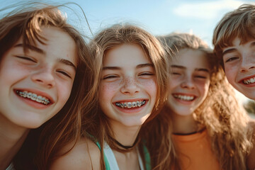 Fototapeta premium A group of teenagers with braces smiling happily at the camera while standing outside