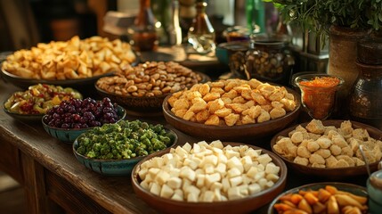 An eclectic selection of globally inspired snacks beautifully displayed, ideal for a gourmet gathering.