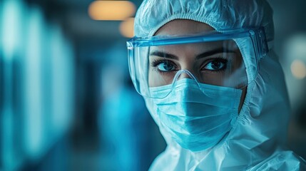 A healthcare professional in protective gear, focused on patient care during a medical procedure in a clinical environment.