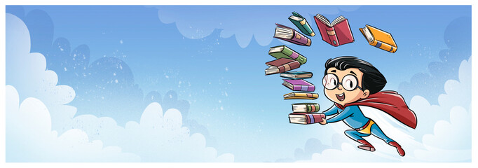 Niño superhéroe volando con libros en el cielo